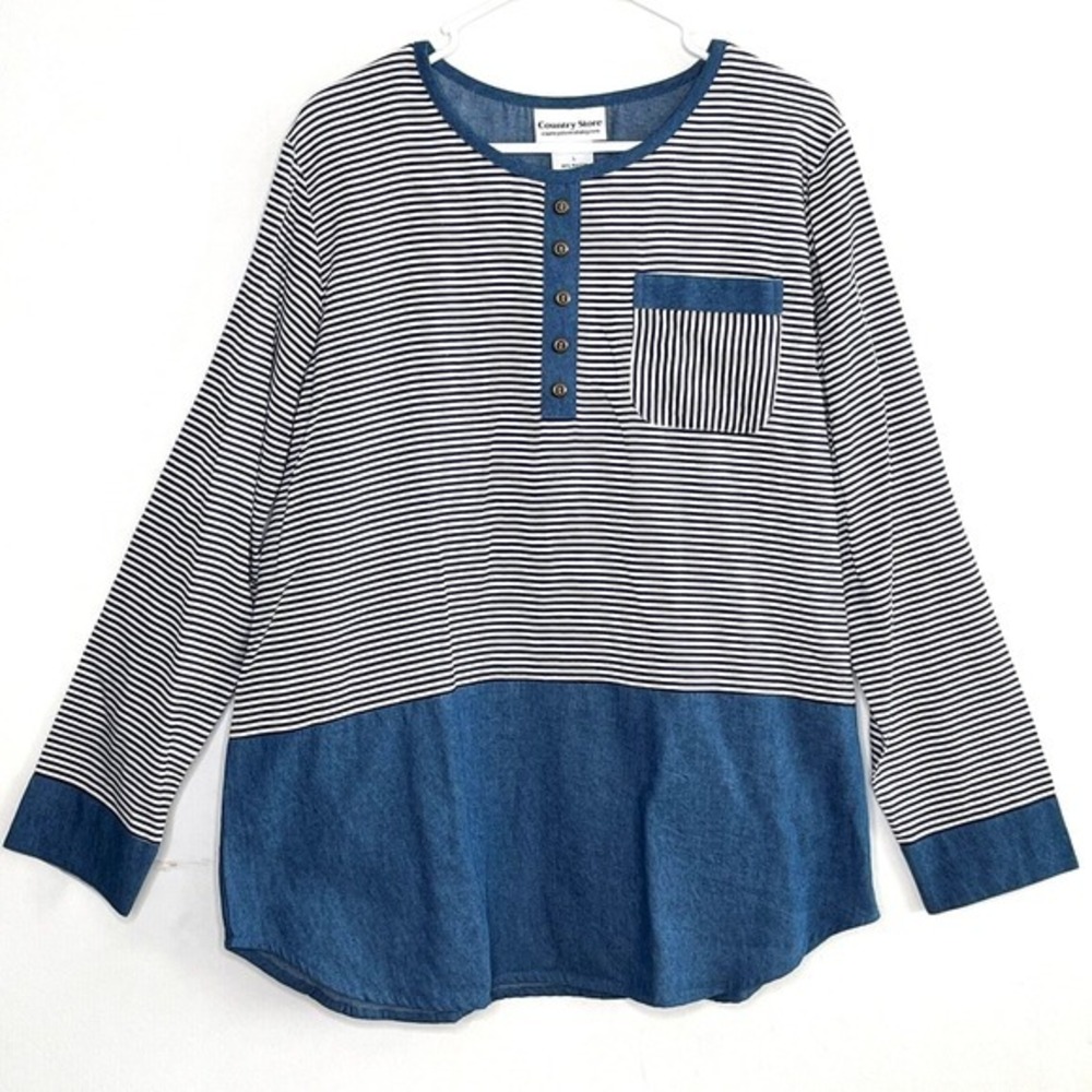 Country Store Blue Striped Henley Tunic Top Sz L Coastal Grandmother Casual Chic